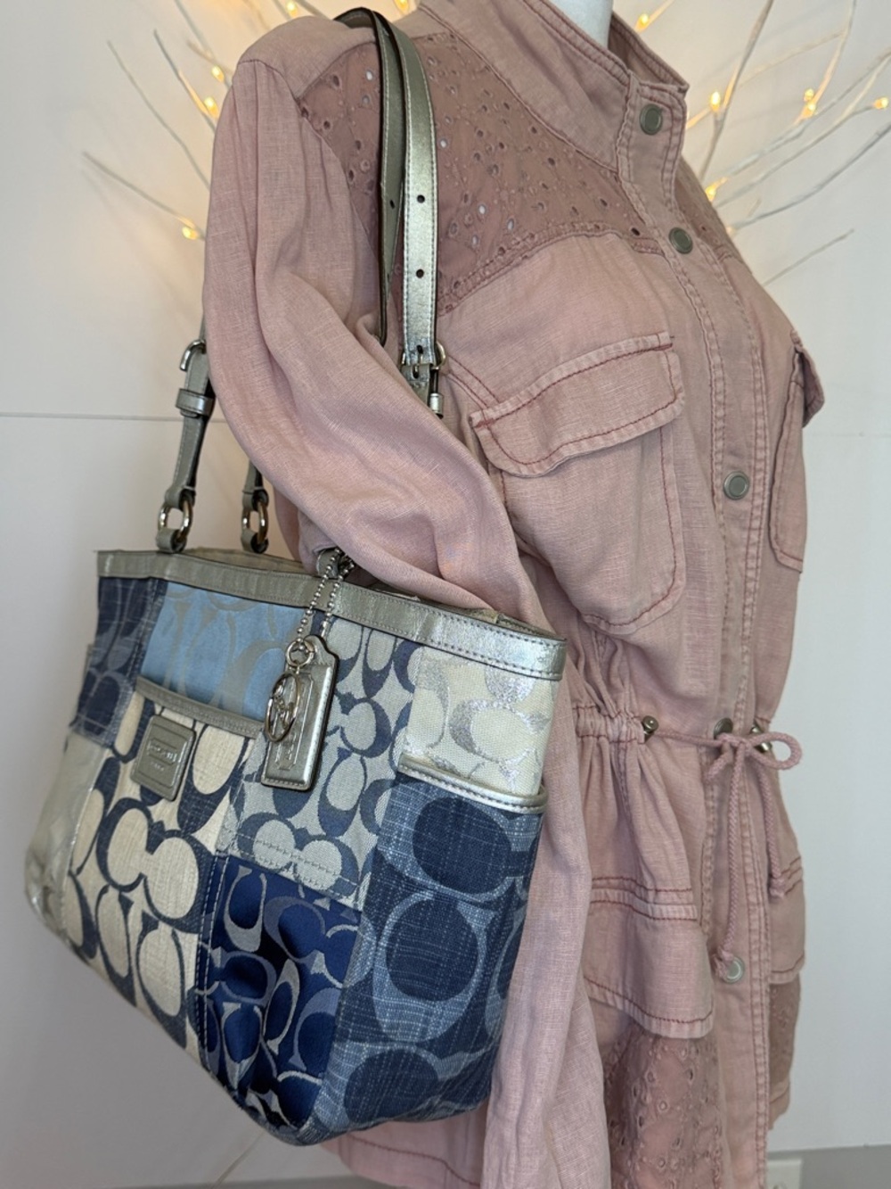 Coach EUC denim,blue,cream,silver with 2 hang tags shoulder tote bag adj straps